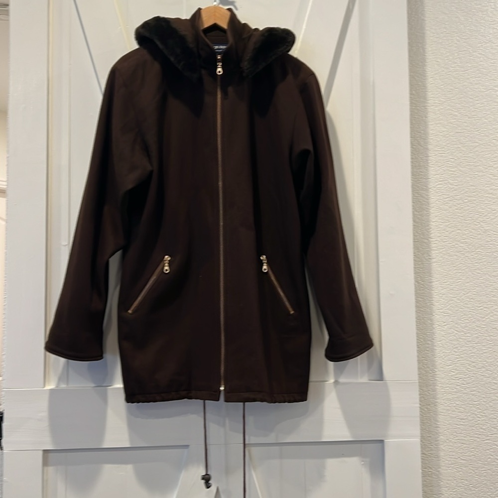 Herman Kay Brown Wool Hooded Faux Fur Trim Coat Size 8